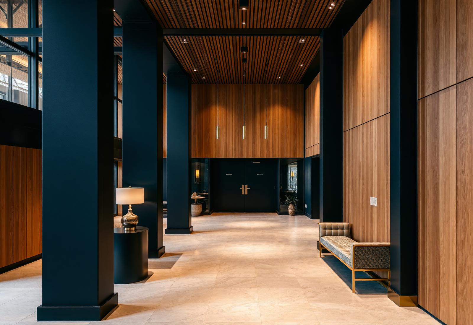 Interior featuring steel, cedar, and stone