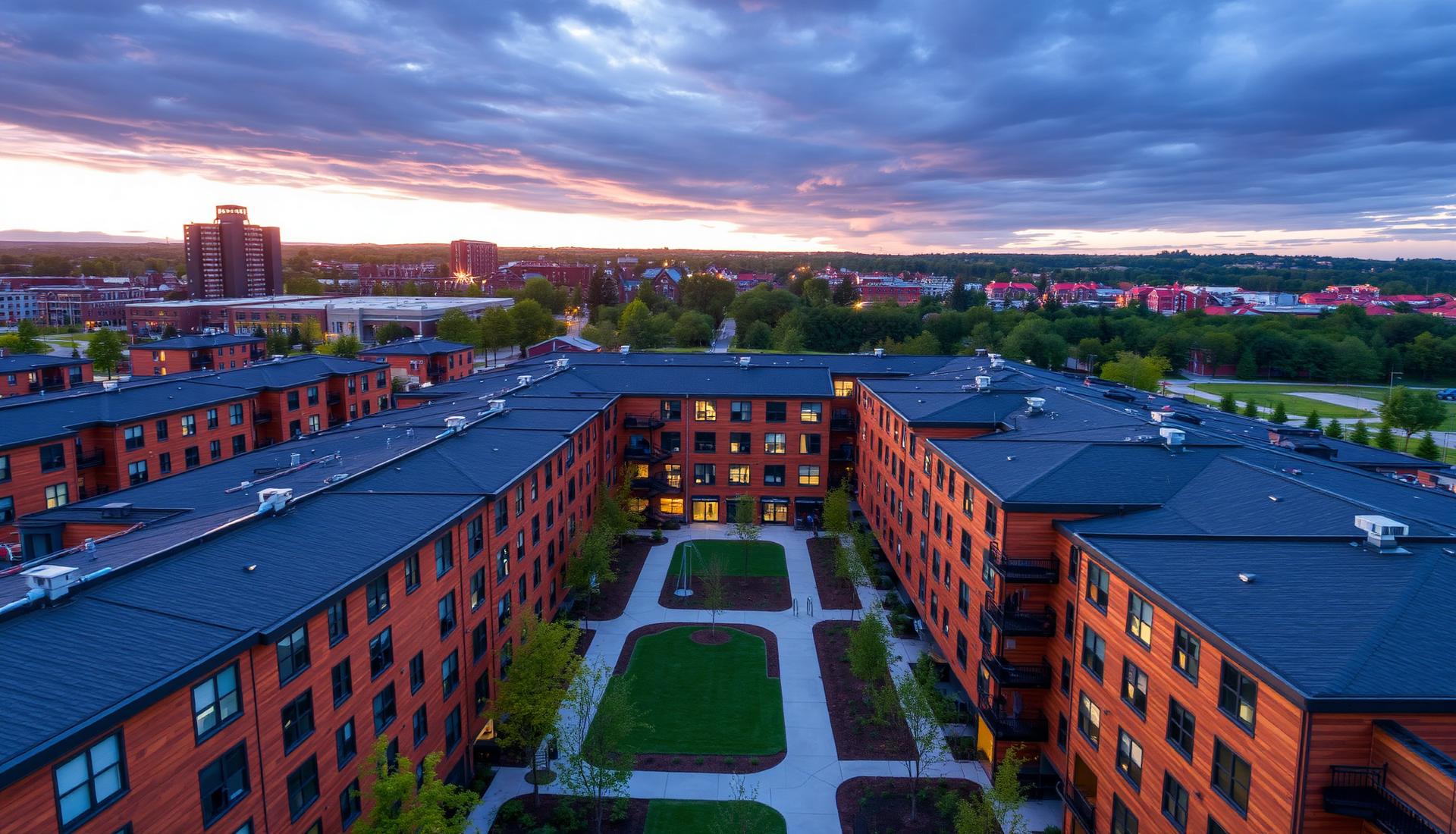 Aerial view of workforce housing community at dusk